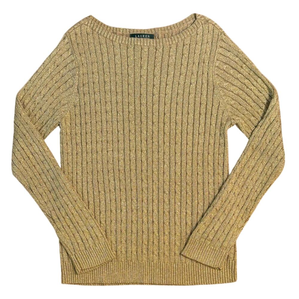 VTG Lauren Ralph Lauren Sweater Gold Metallic Silk Blend Cableknit Women's XL